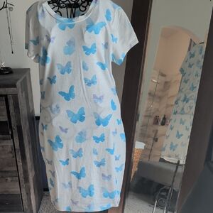 Butterfly Print Mini Dress - White and Blue